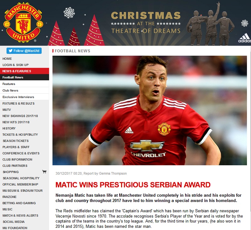 Званични сајт Mанчестер јунајтеда пренео сјајну вест из Вечерњих новости: Немања Матић поносан на избор капитена